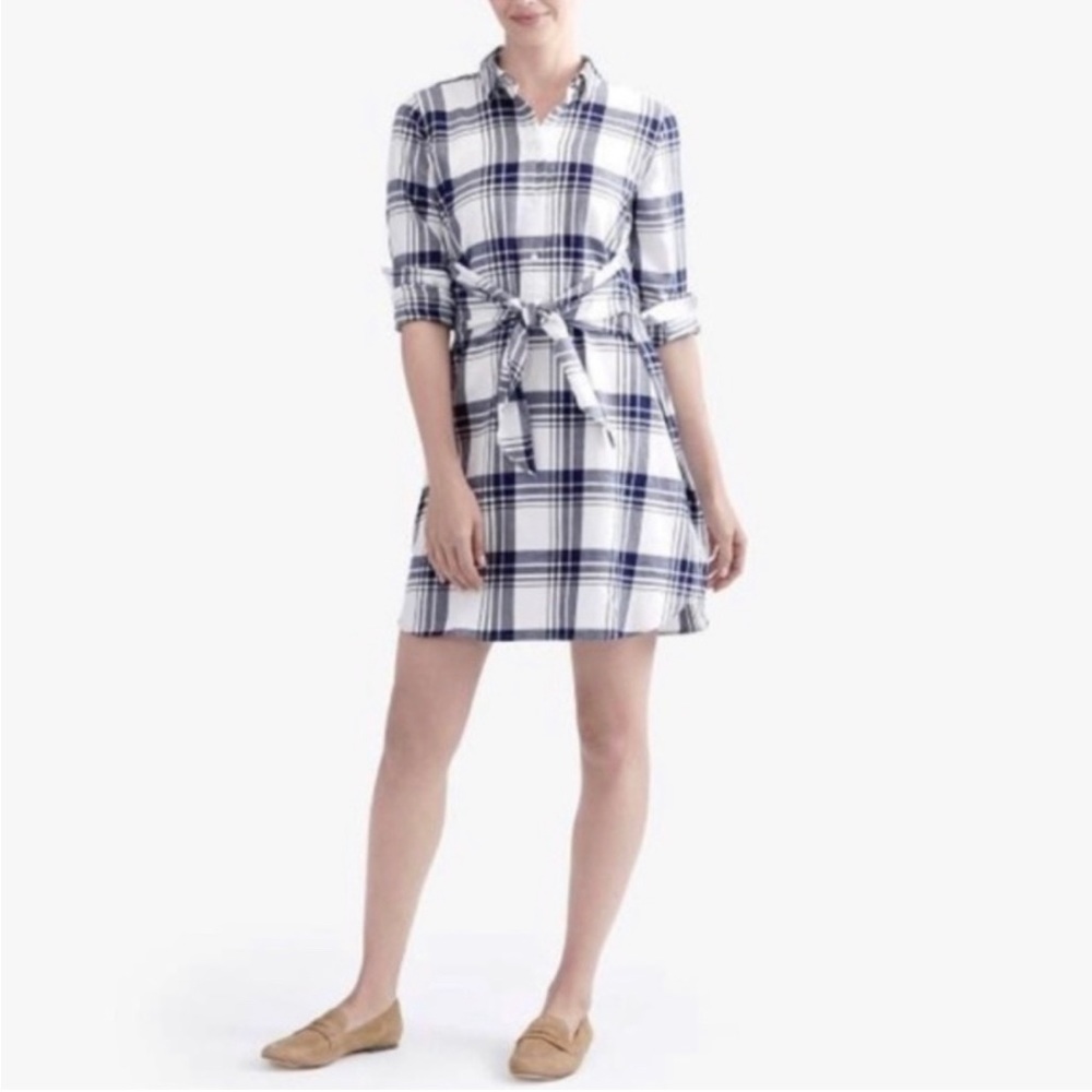 J Crew Cotton Flannel Plaid Western Shirtdress Blue White Tie Front Size XS